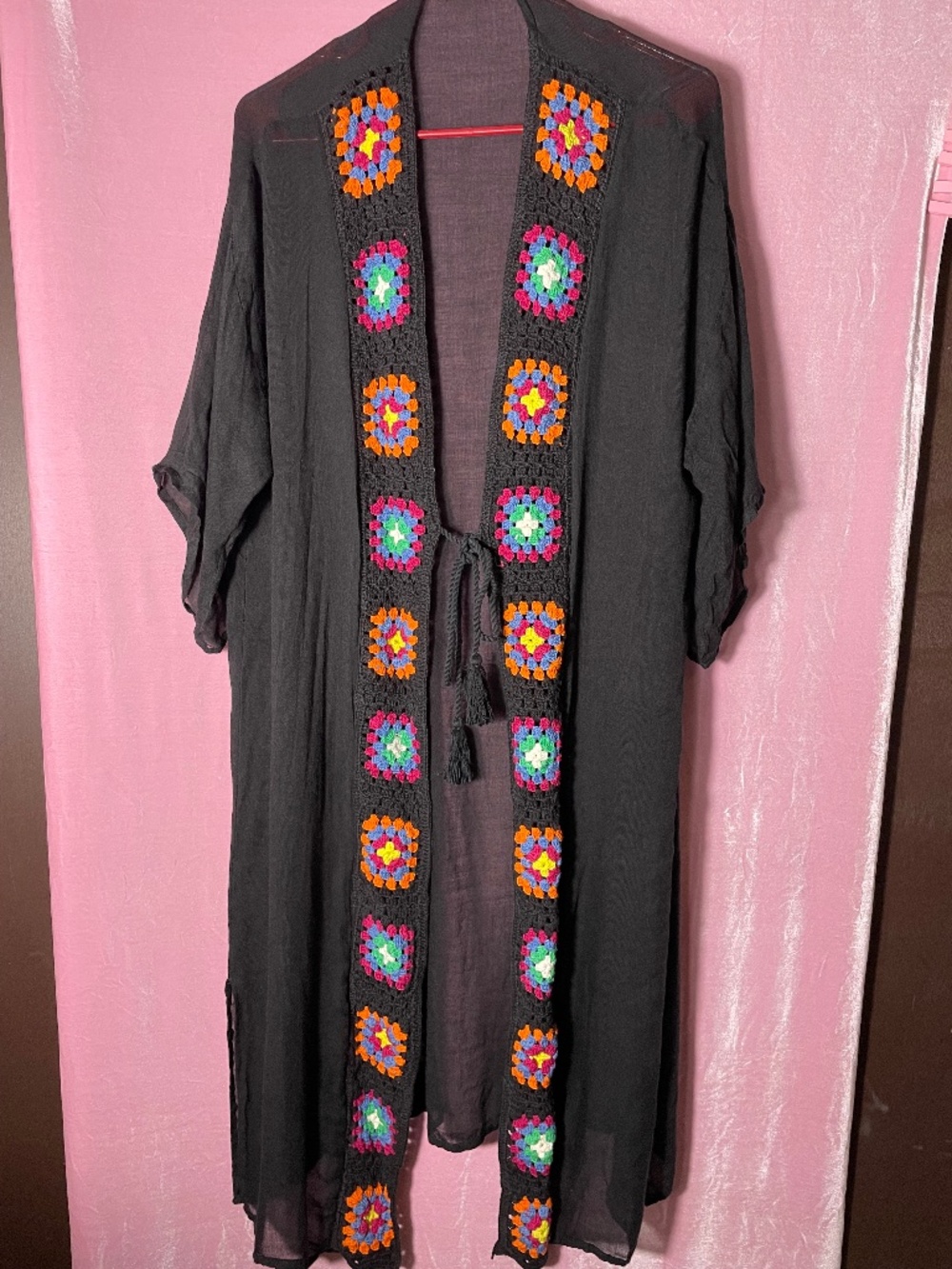 O/S Steve Madden black semi-sheer kimono/ cover-up with crochet granny squares